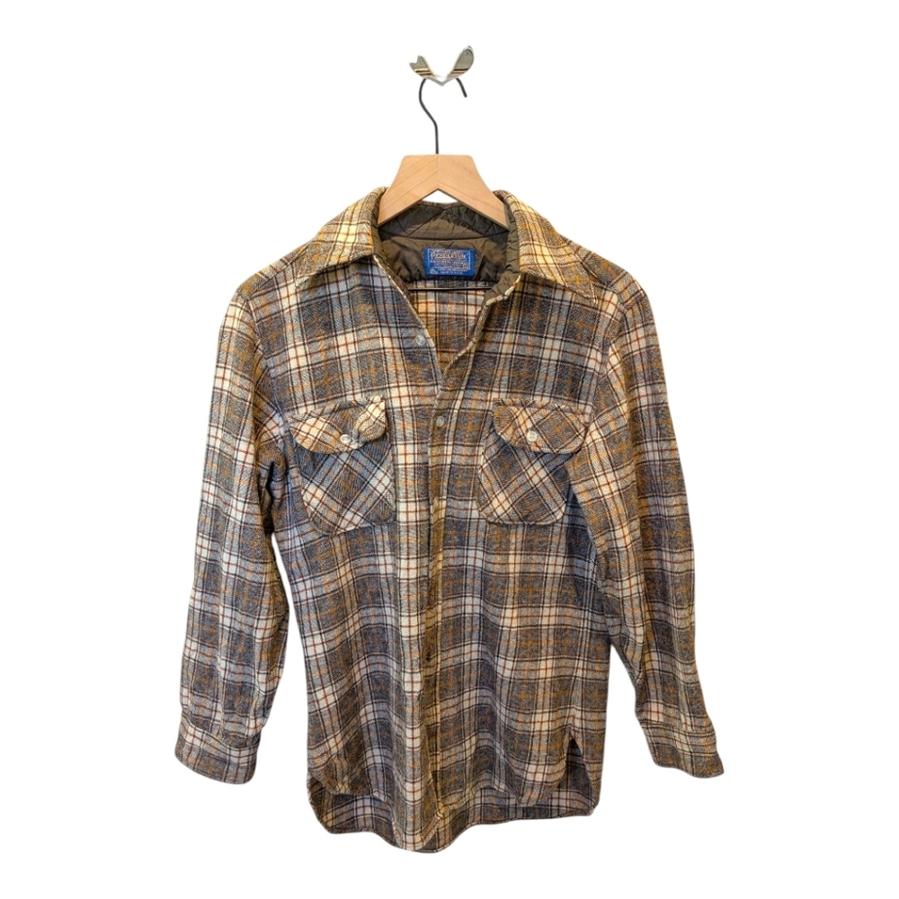 Vintage Pendleton Wool Flannel Shirt Brown Cream Mustard Plaid M Virgin Wool
